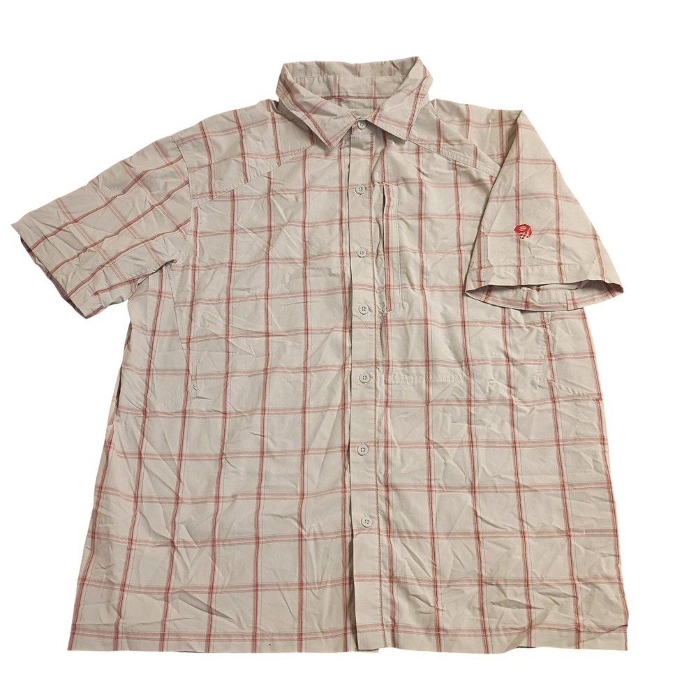 Mountain Hardwear Plaid Hiking Shirt Mens Large Tan Red Short Sleeve Gorpcore